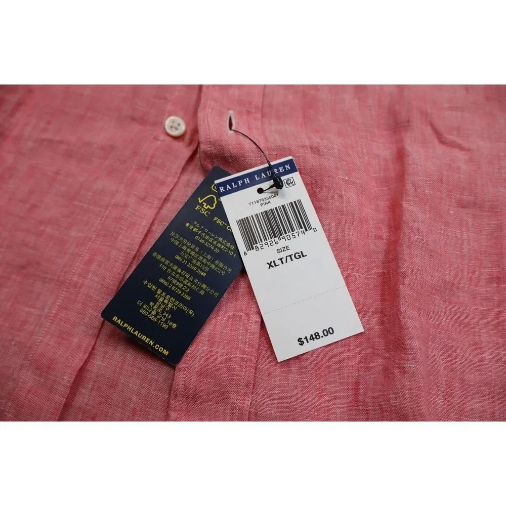 Polo Ralph Lauren Classic Button Front Dress Shirt Size XLT Linen New Pink Green